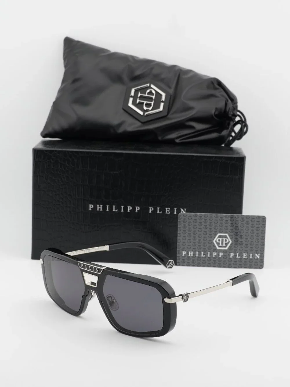 Philipp Plein SPP008M 0700 Aviator Sunglasses – Shiny Black/Grey